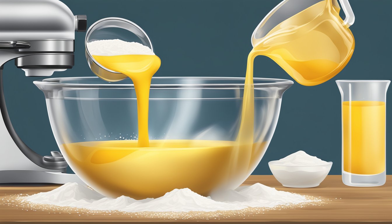 A measuring cup pouring liquid into a mixing bowl with flour and eggs for crepe batter