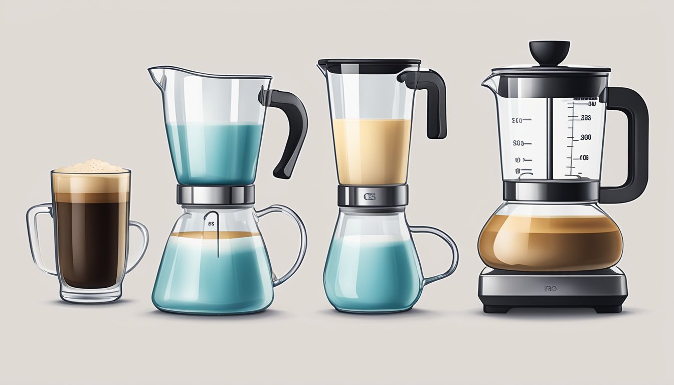 A clear glass measuring cup filled with steaming milk next to a frothing pitcher, espresso machine, and coffee mug