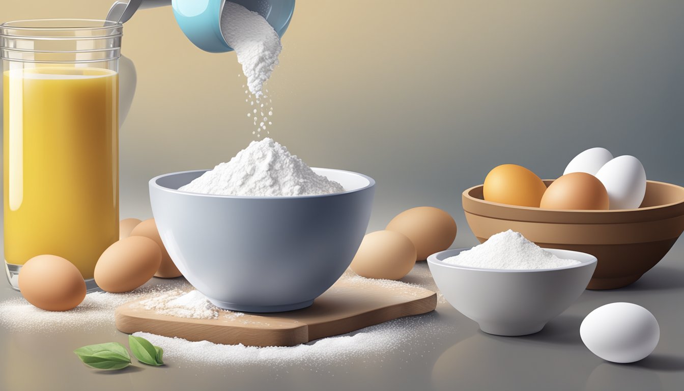 A measuring cup pouring liquid into a mixing bowl with a pile of flour and eggs next to it