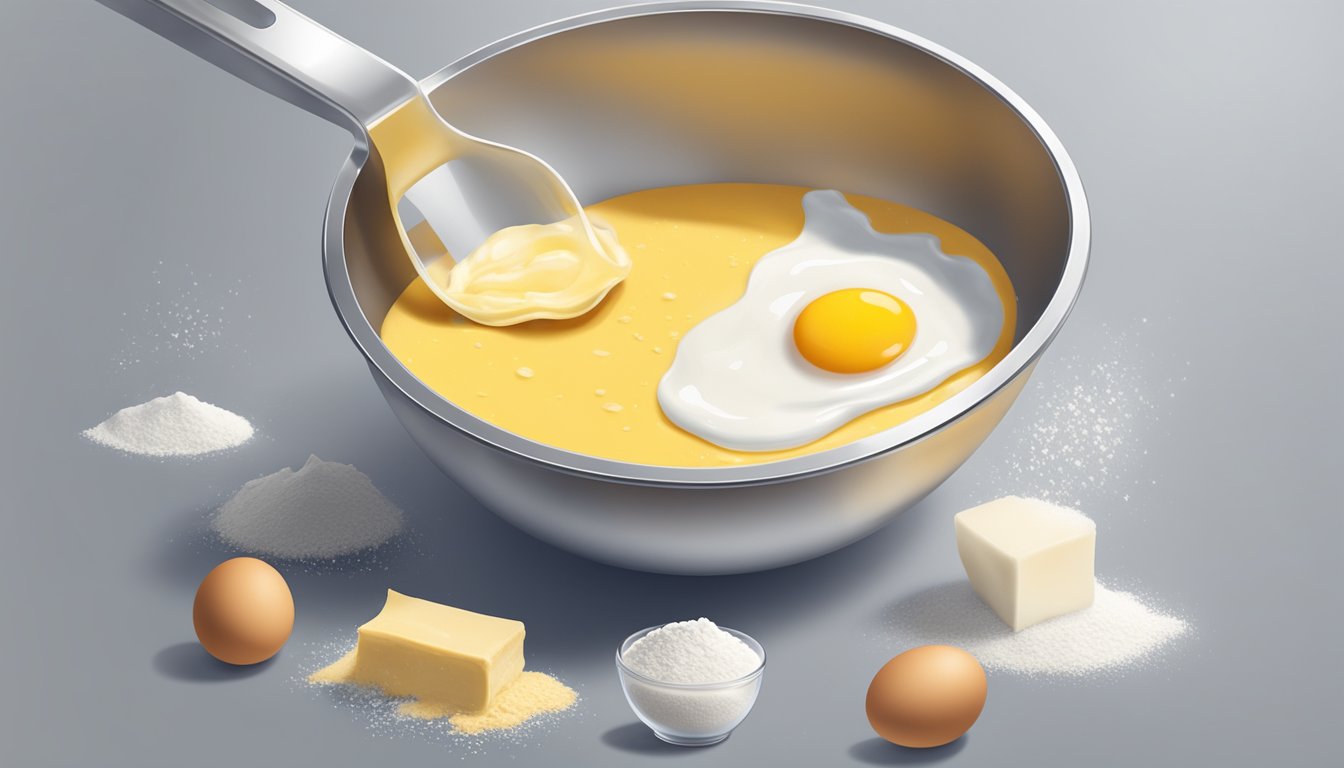 A clear measuring cup filled with liquid pouring into a mixing bowl with flour and eggs, creating crepe batter