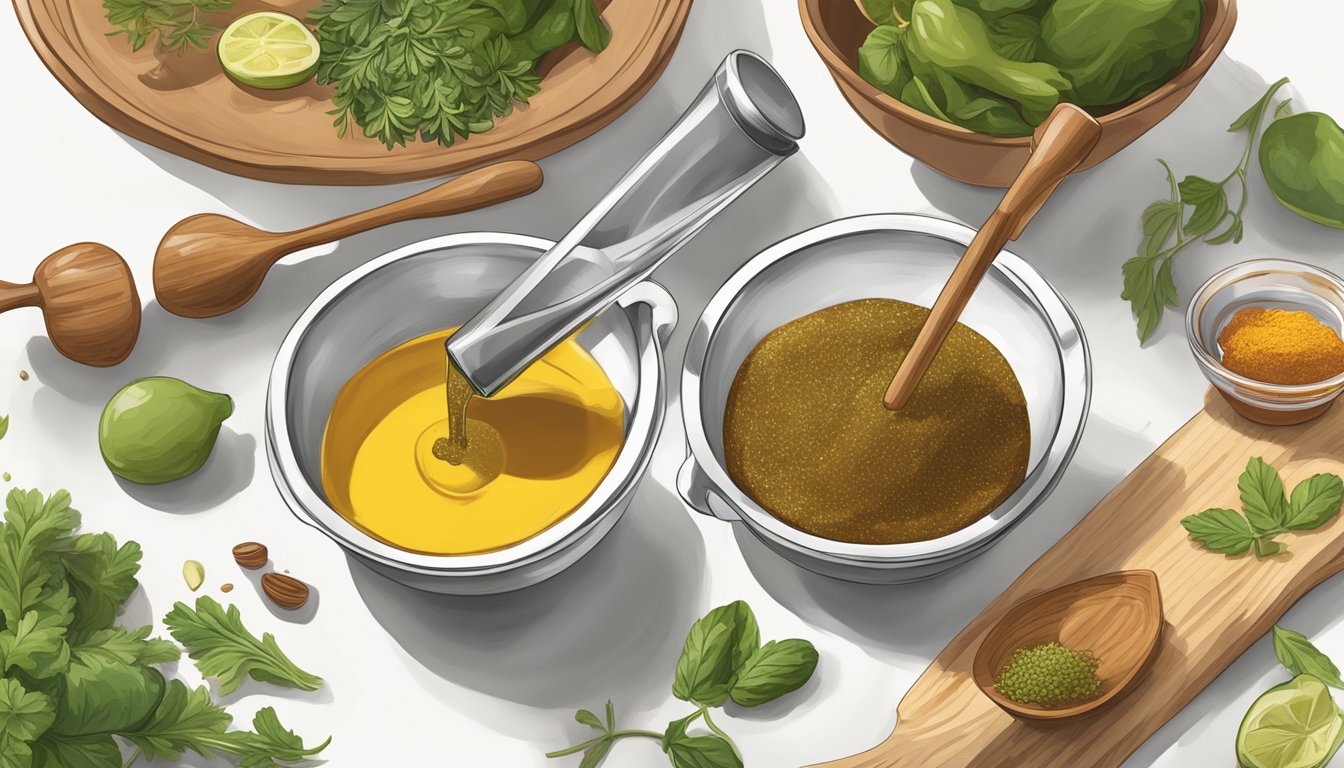 A bowl of marinade ingredients being poured into a measuring cup