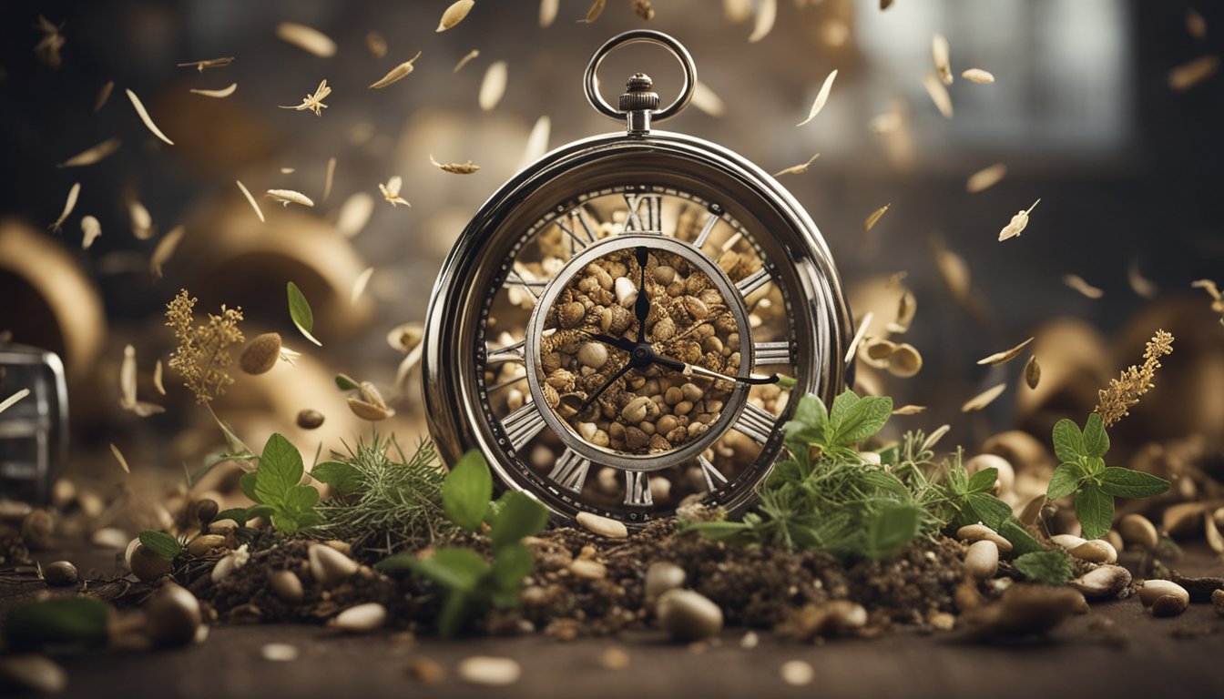 A clock's hands move slowly, surrounded by scattered seeds and dried herbs, symbolizing time and the importance of nutrition