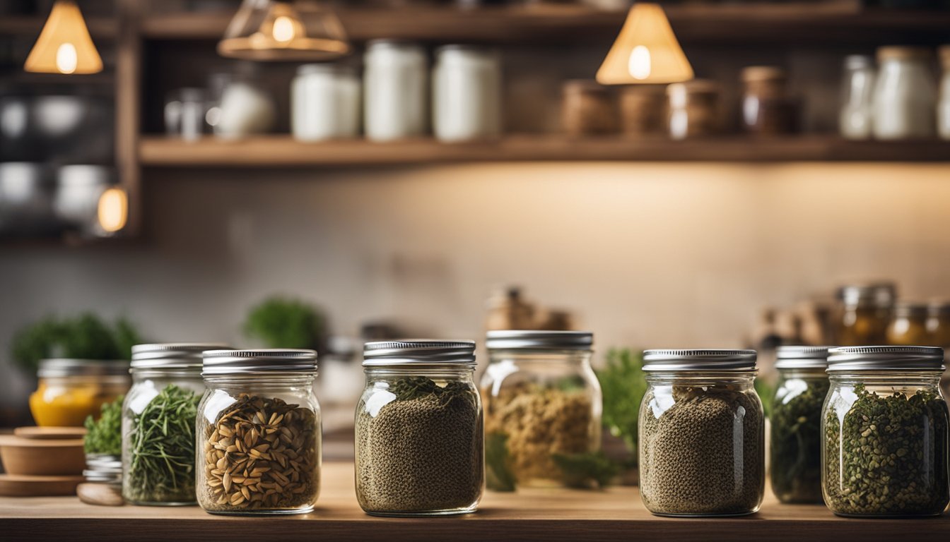 The kitchen is empty, with bare shelves and a single jar of dried herbs on the counter, hinting at the scarcity of food but the potential for sustenance through herbs