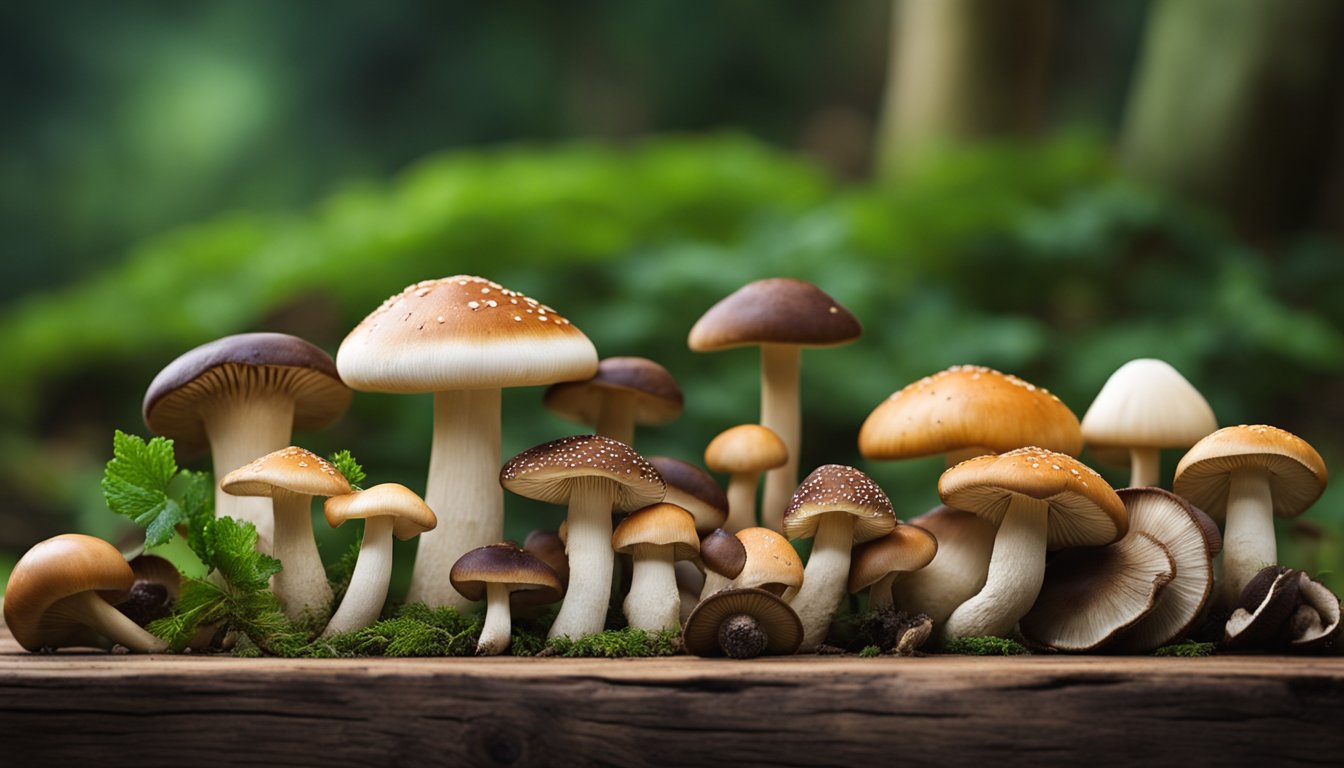 A variety of mushrooms, including shiitake and portobello, are arranged on a wooden table, with a mix of edible and poisonous species like the death cap