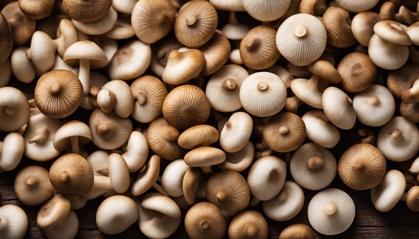 A pile of button mushrooms, varying in size and shade, arranged on a rustic wooden cutting board