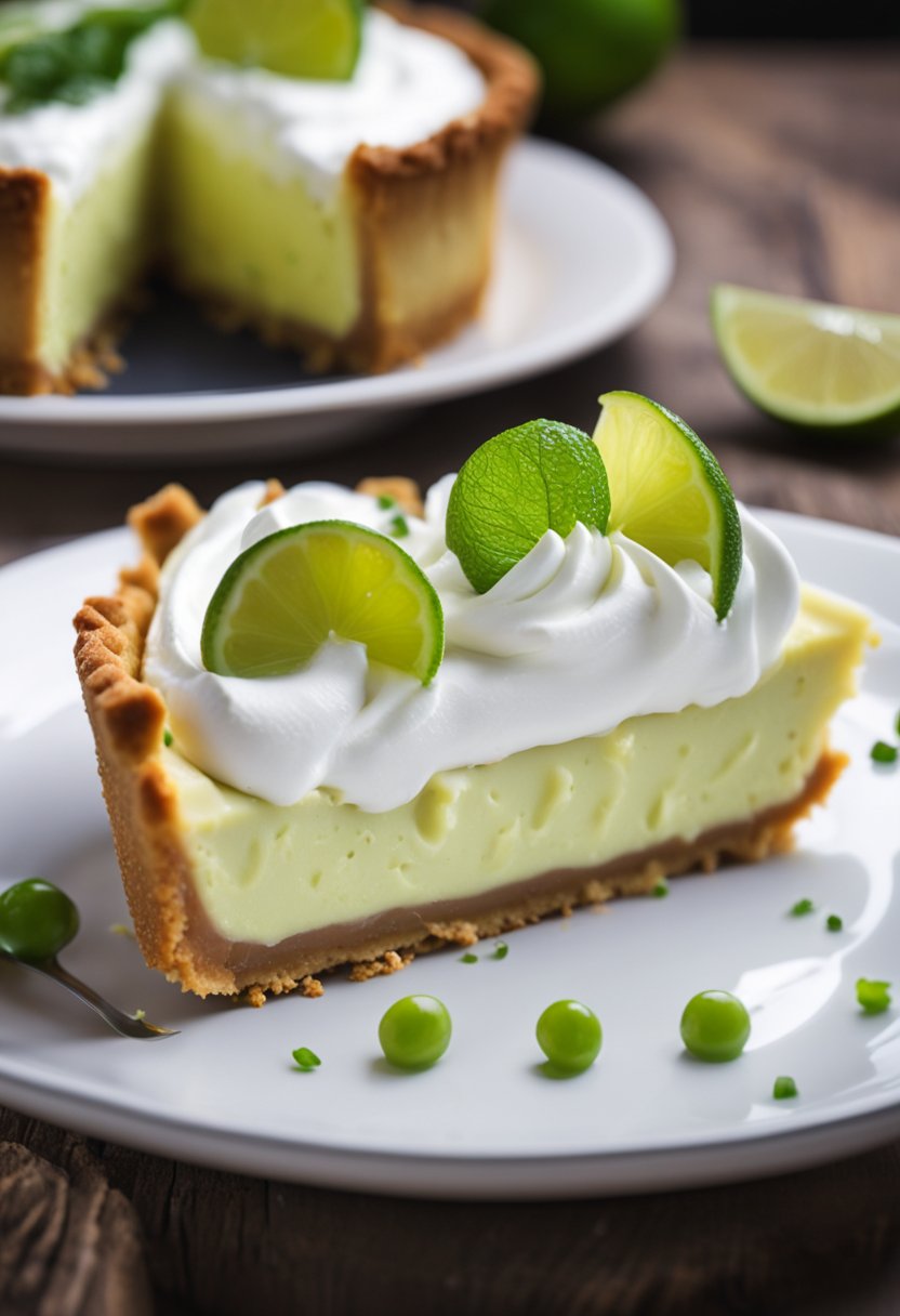 A keto key lime pie sitting on a rustic wooden table with a slice missing and a dollop of whipped cream on top