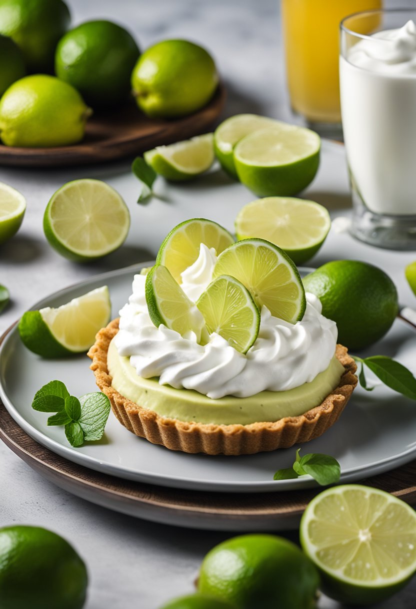 A table set with a slice of keto key lime pie on a plate, surrounded by fresh lime slices and a dollop of whipped cream