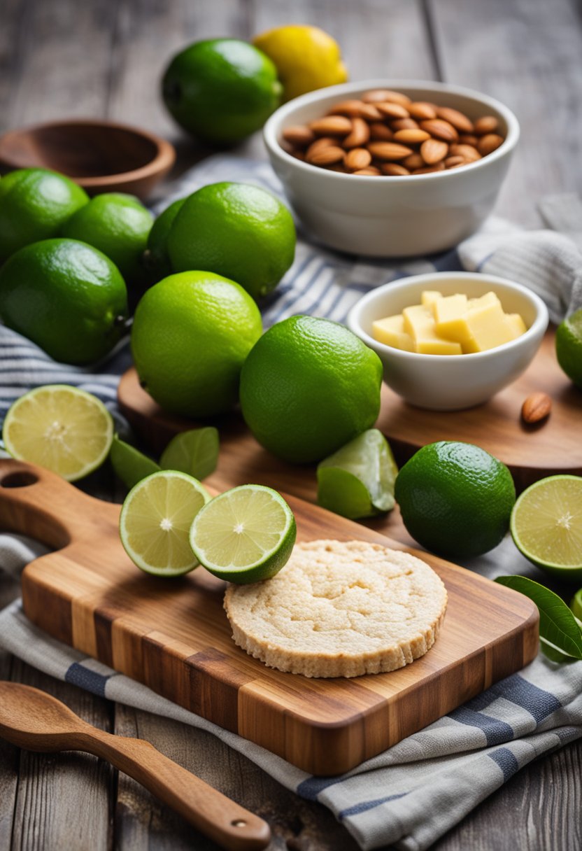 A wooden cutting board with fresh limes, a bowl of almond flour, a stick of butter, and a glass pie dish