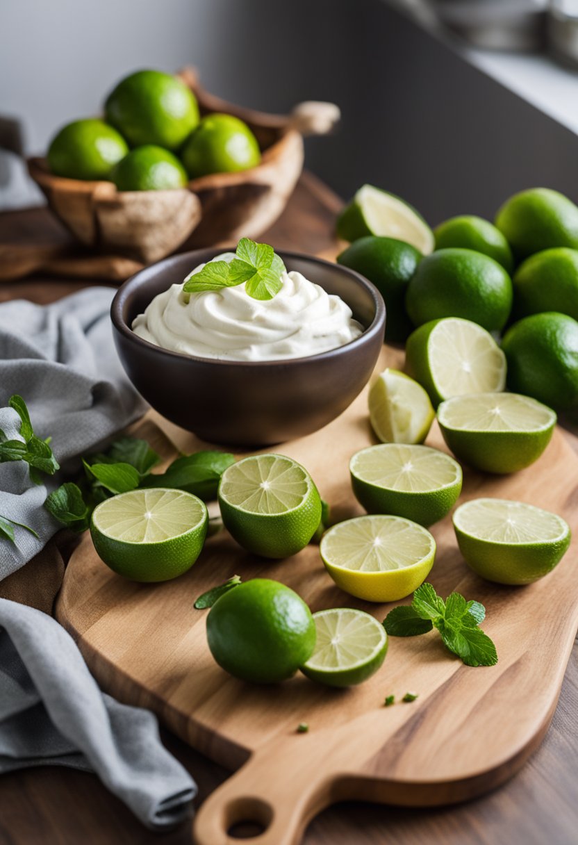 A kitchen counter with ingredients and utensils for making keto key lime pie