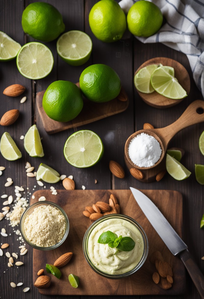 A rustic kitchen counter with ingredients for keto key lime pie: limes, almond flour, and a whisk on a wooden cutting board