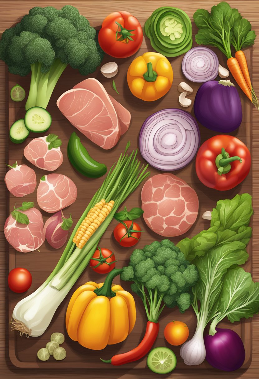 A colorful array of fresh vegetables, lean meats, and healthy fats arranged on a wooden cutting board