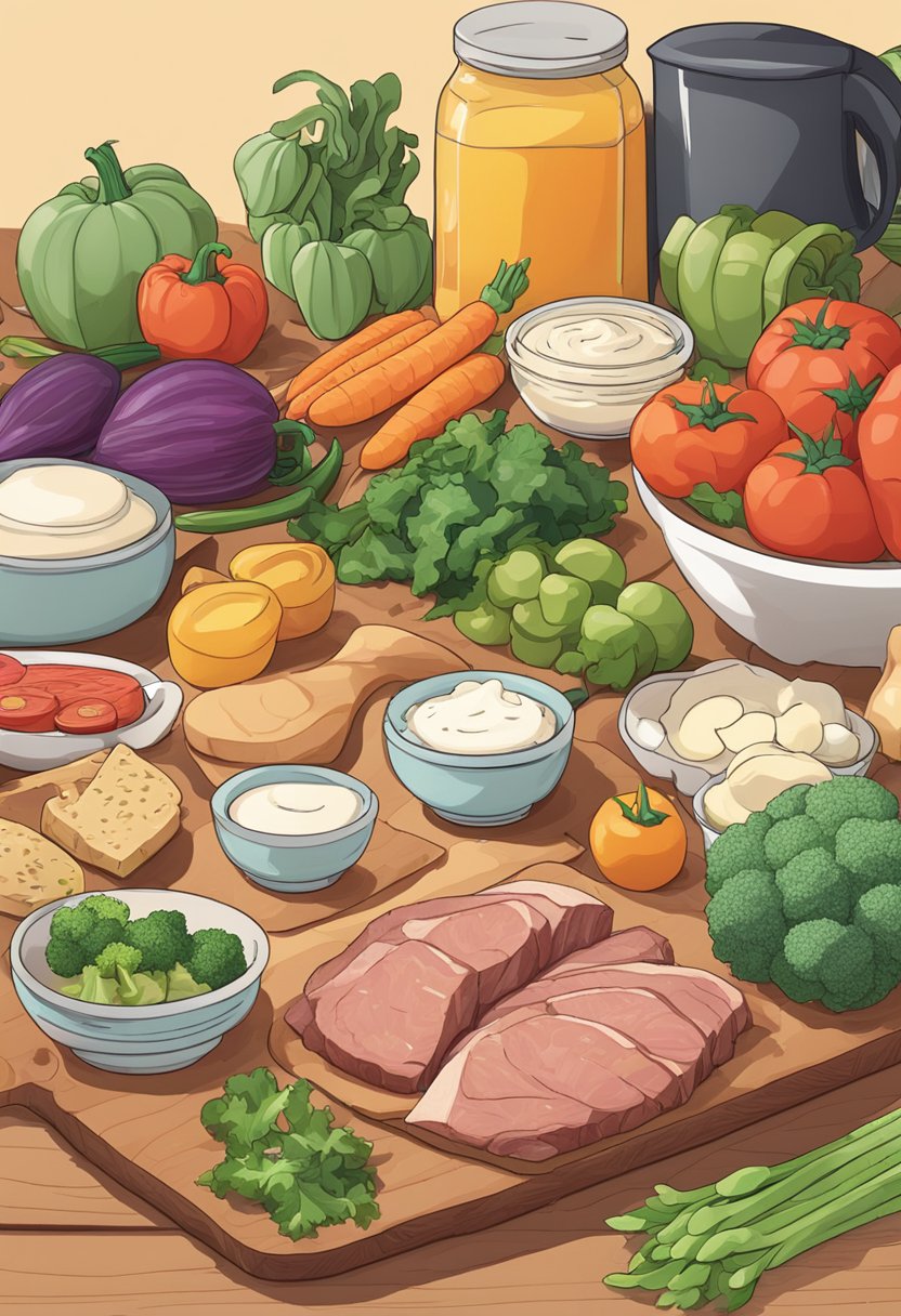 A family kitchen with colorful vegetables, meat, and dairy products laid out on a wooden cutting board. A cookbook open to a page of keto-friendly recipes sits nearby