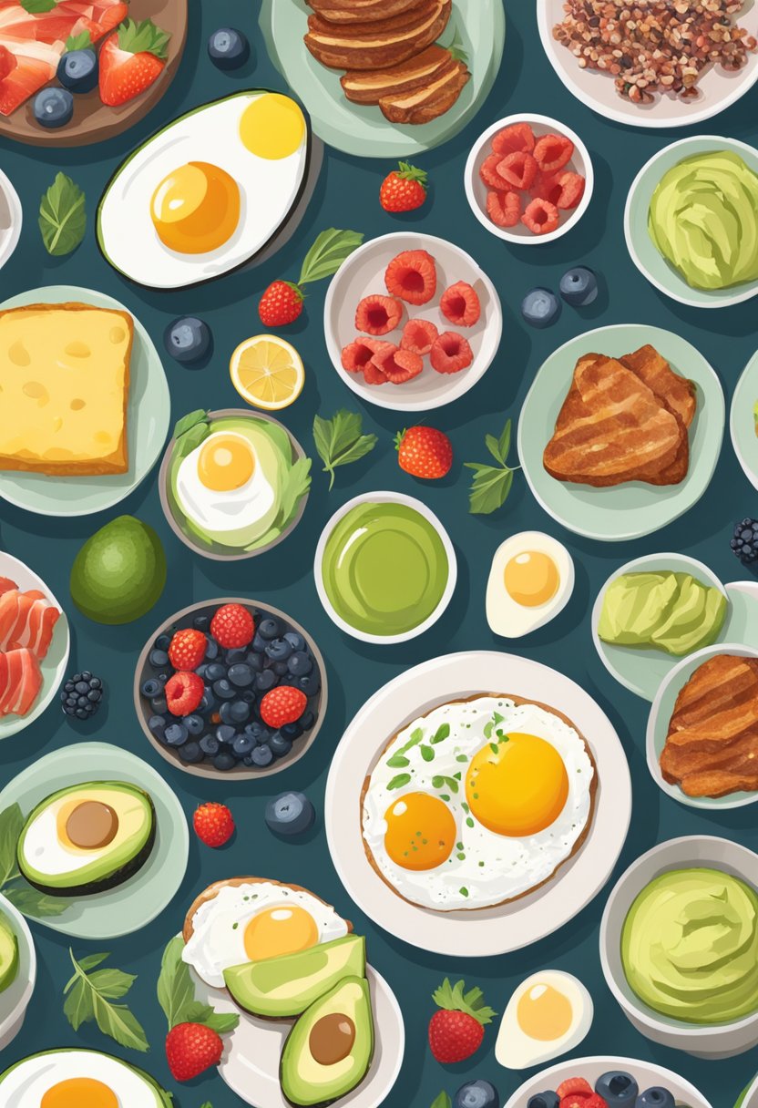 A colorful spread of keto-friendly breakfast foods, including avocado, eggs, bacon, and berries, arranged on a stylish table setting