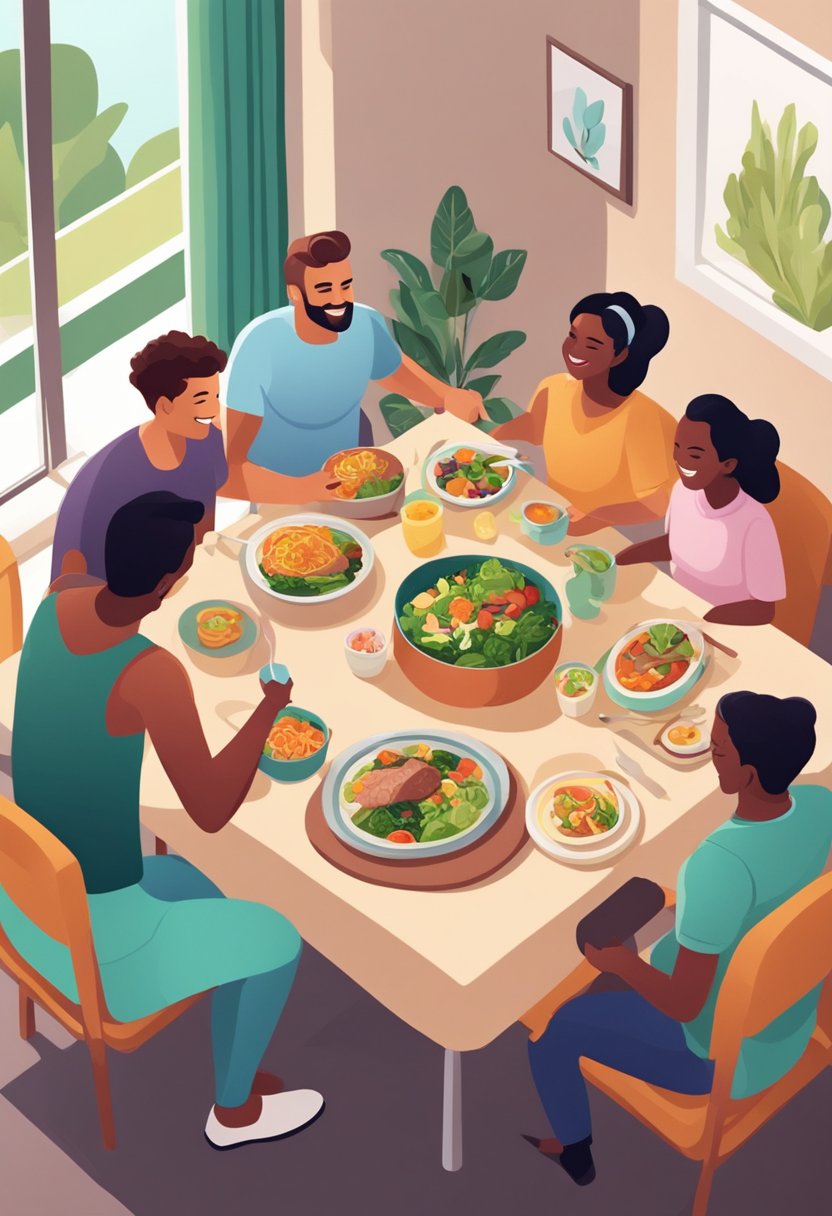 A family sitting around a table with colorful, healthy keto-friendly meals, smiling and enjoying their lunch and dinner together