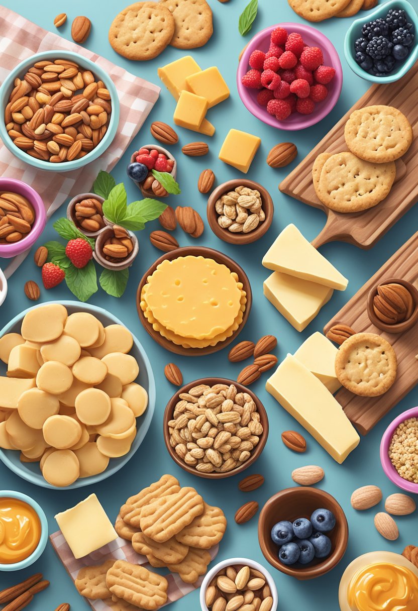 A colorful array of keto-friendly snacks and treats arranged on a table, including cheese sticks, nuts, berries, and sugar-free cookies