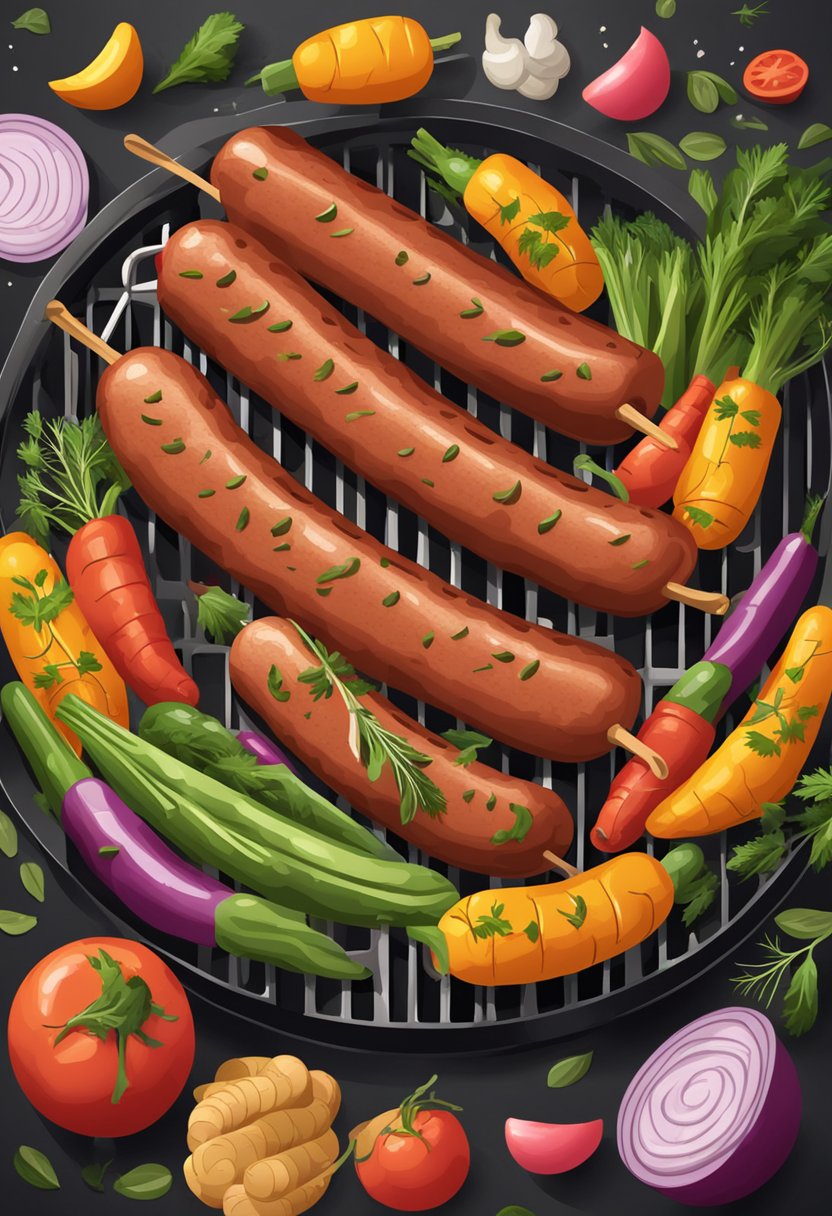 A sizzling kielbasa cooking on a hot grill, surrounded by colorful vegetables and herbs