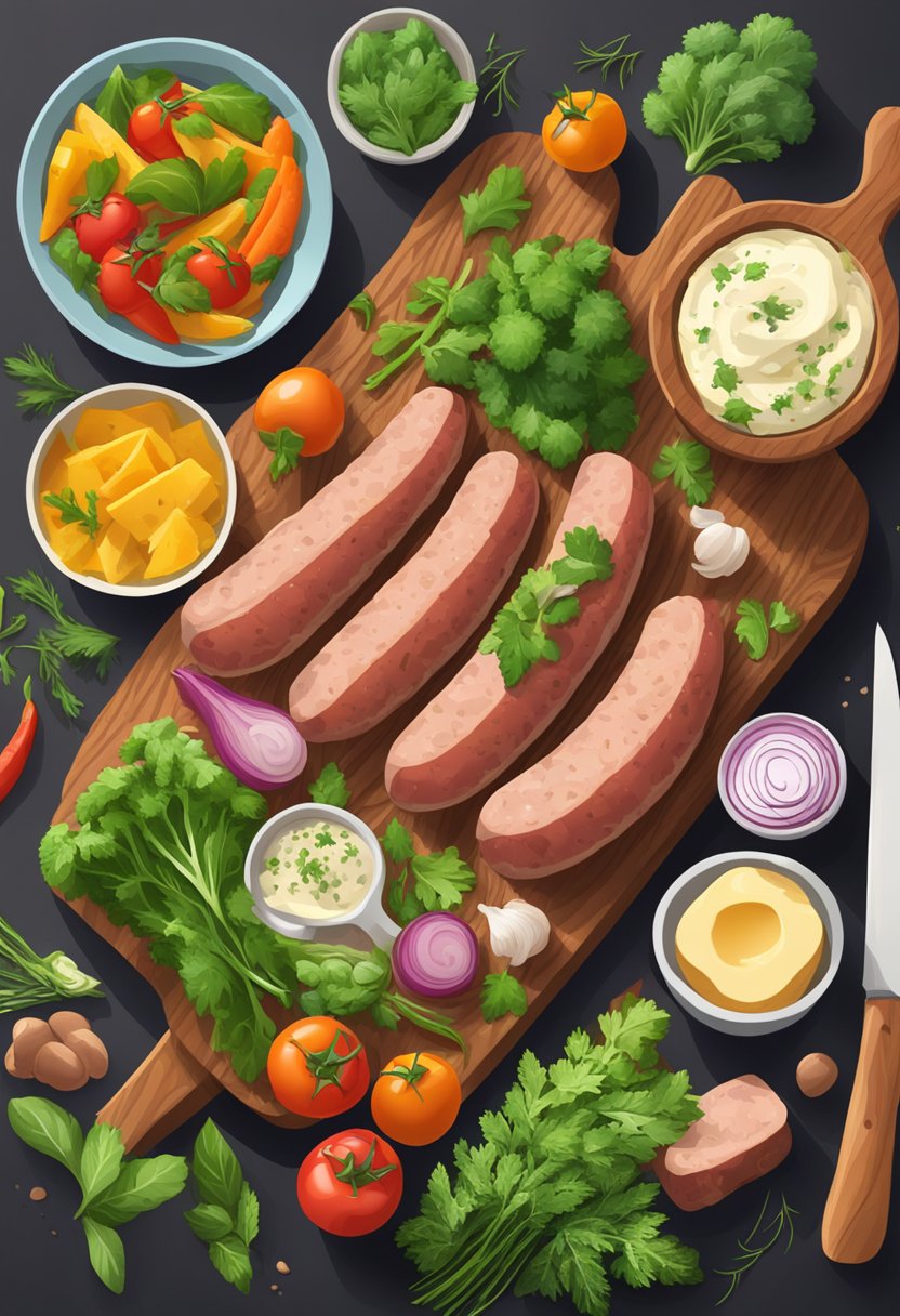 A spread of keto kielbasa recipes surrounded by fresh herbs and colorful vegetables on a wooden cutting board