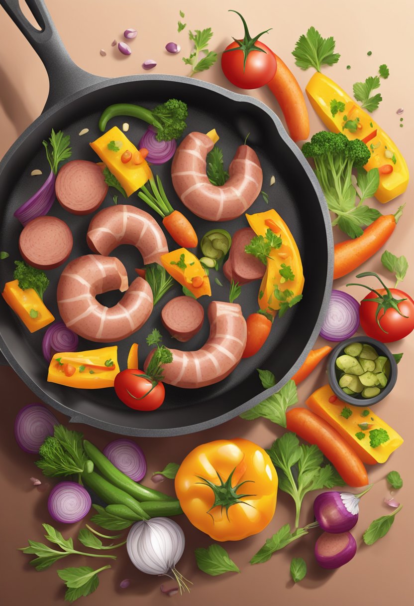 A sizzling skillet with sliced kielbasa, colorful vegetables, and aromatic herbs cooking over a hot flame