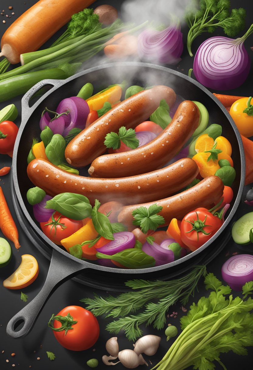 Sizzling kielbasa in a skillet, surrounded by colorful vegetables and herbs, with steam rising