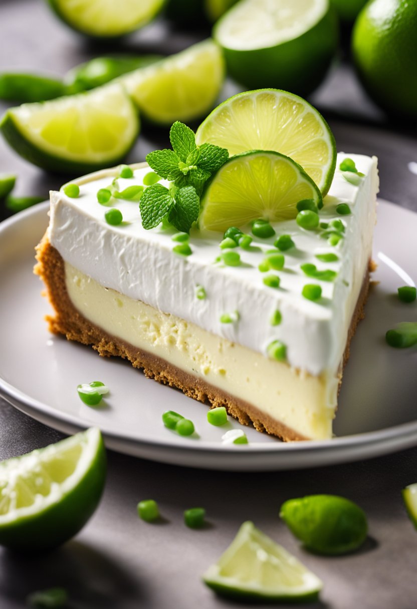 A vibrant slice of keto key lime cheesecake on a graham cracker crust, topped with whipped cream and a lime wedge