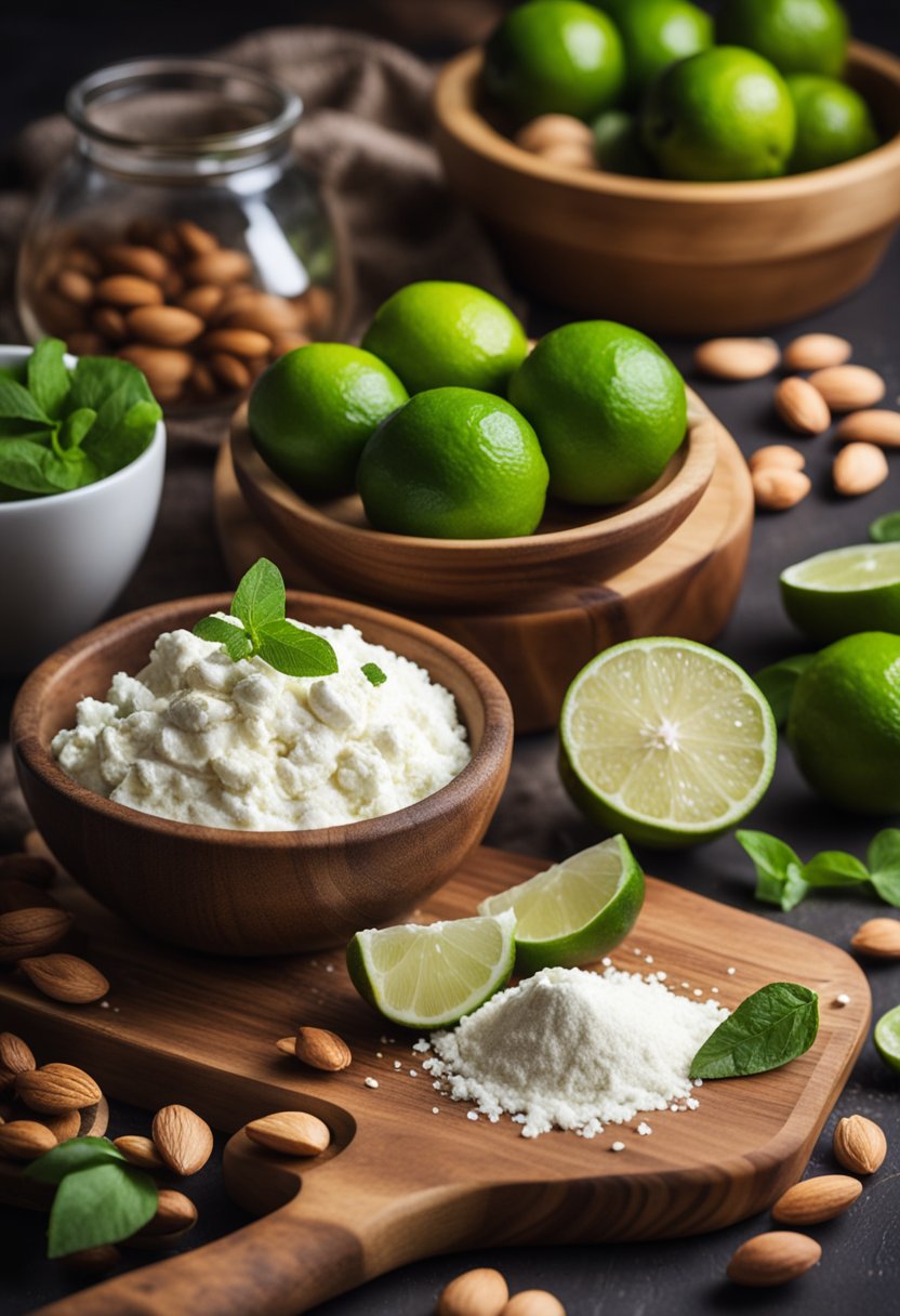 A vibrant kitchen scene with a rustic wooden table adorned with fresh limes, cream cheese, almond flour, and erythritol, surrounded by a collection of keto-friendly ingredients