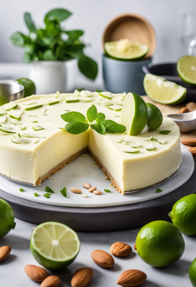 A pristine kitchen counter with a spread of key lime, cream cheese, almond flour, and other ingredients for making keto key lime cheesecake