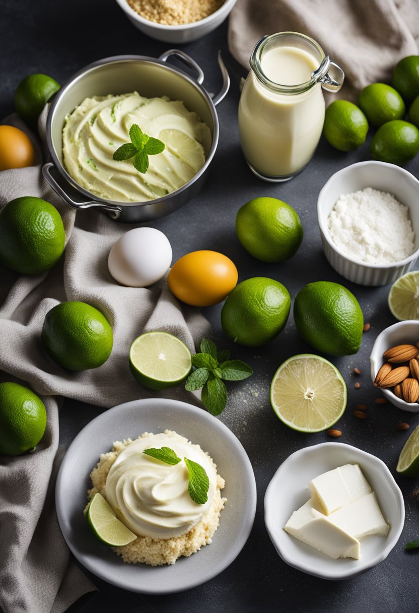 A kitchen counter with ingredients and utensils for making a keto key lime cheesecake. Ingredients include almond flour, lime, cream cheese, and eggs