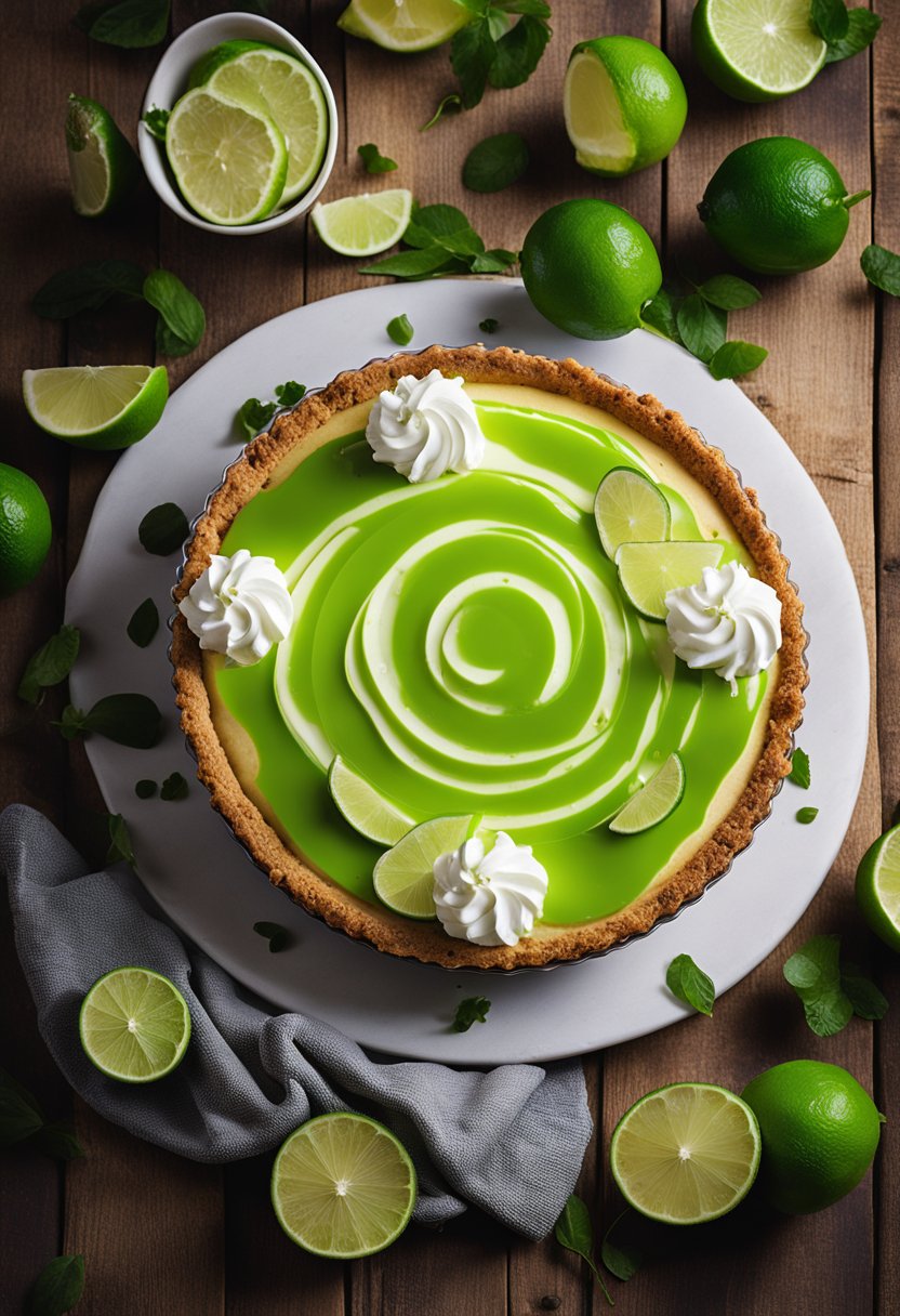 A decadent keto key lime cheesecake sits on a rustic wooden table, adorned with fresh lime slices and a dollop of whipped cream