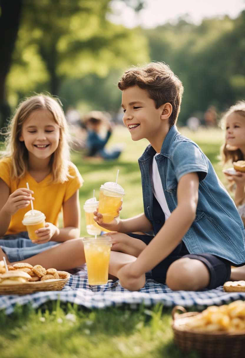 A group of children enjoying a picnic with keto-friendly snacks and drinks in a sunny park