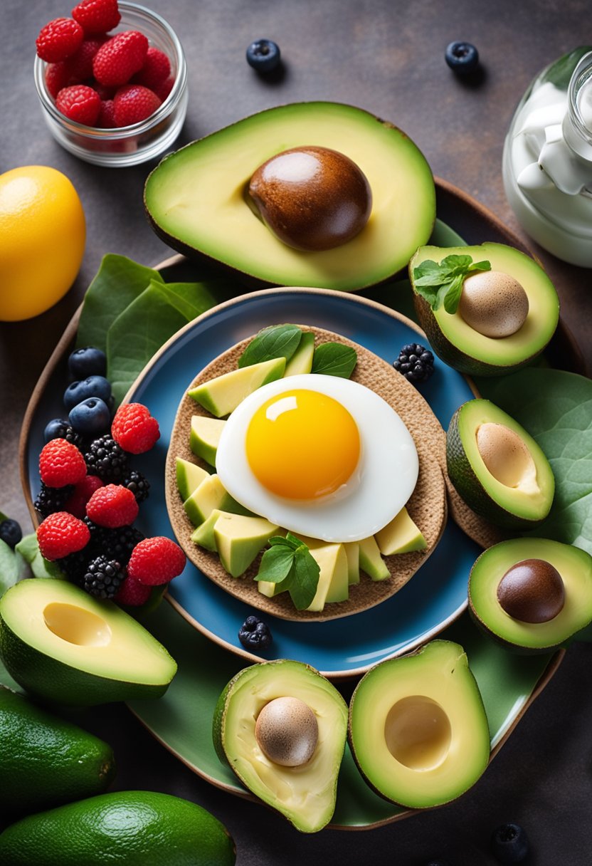 A colorful plate with keto-friendly foods like avocado, eggs, and berries, surrounded by educational materials on the ketogenic diet for kids