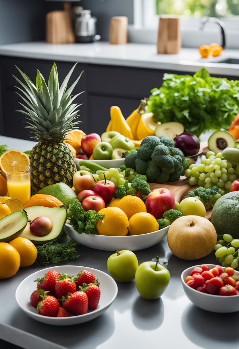 A colorful array of fresh fruits, vegetables, lean proteins, and healthy fats arranged on a kitchen counter, with a child-sized plate and utensils nearby