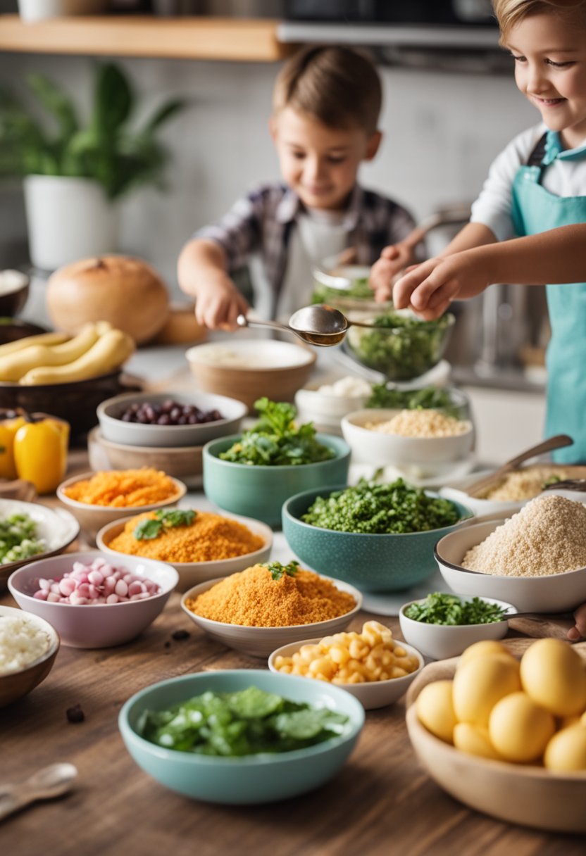 A colorful kitchen counter with a variety of keto-friendly ingredients and utensils, surrounded by happy children eagerly helping with meal preparation