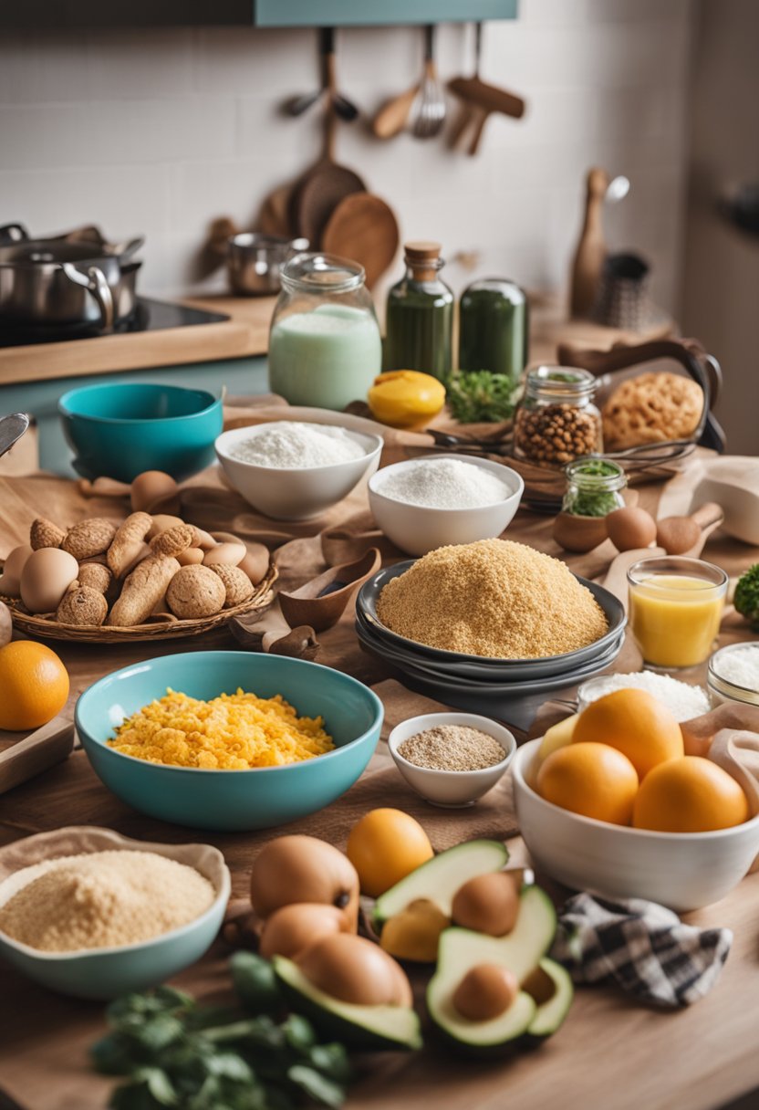 A colorful kitchen counter with various keto-friendly ingredients and baking tools, surrounded by happy children's drawings and playful kitchen decor