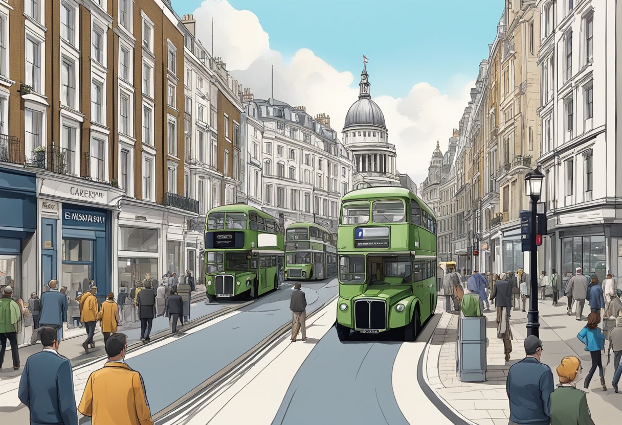 A bustling London street with iconic architecture and a CAD drafting service office in the background