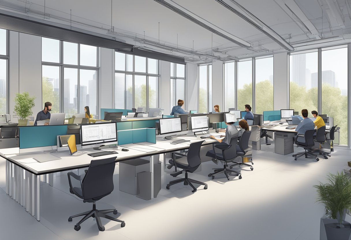 A team of architects working on detailed drafts with Archicad software in a modern office setting