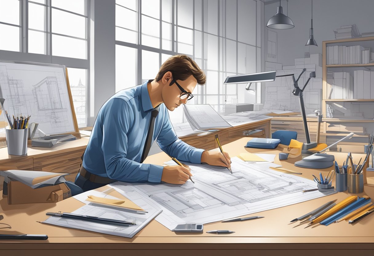 An architect working at a drafting table, surrounded by blueprints and technical drawing tools