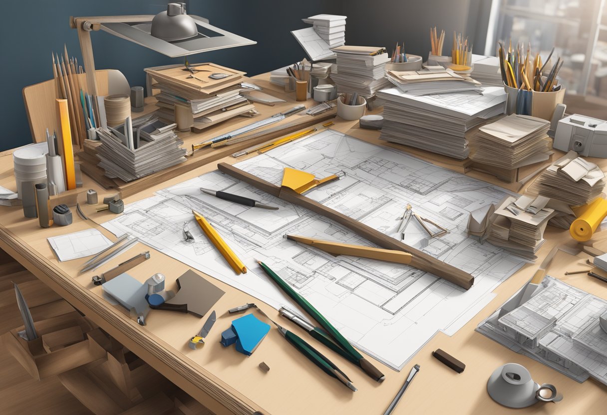 An architect's drafting table cluttered with architectural models and drafting tools