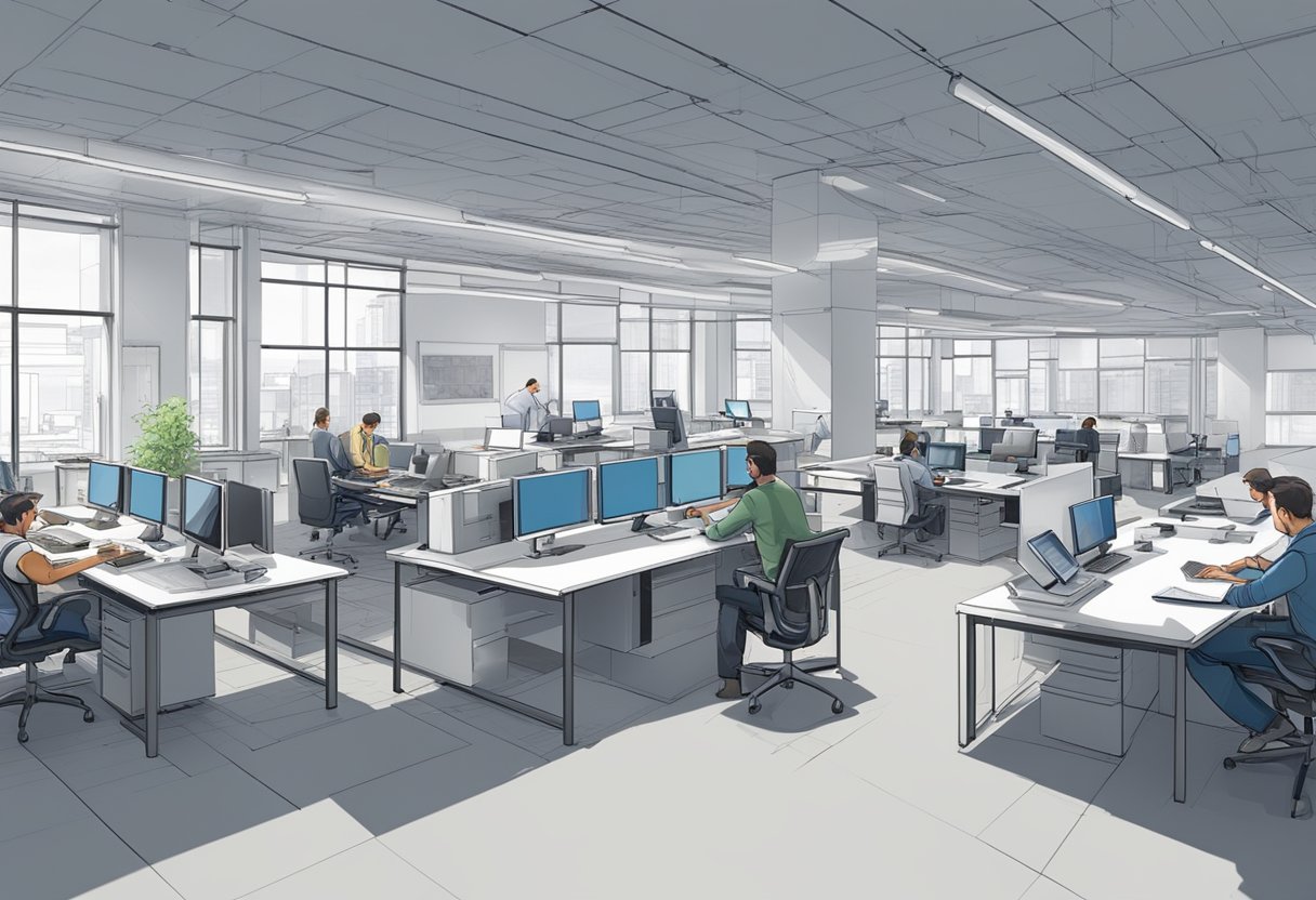 A busy office space with multiple architects working at drafting tables, computers, and large format printers. Blueprints and architectural drawings cover the walls