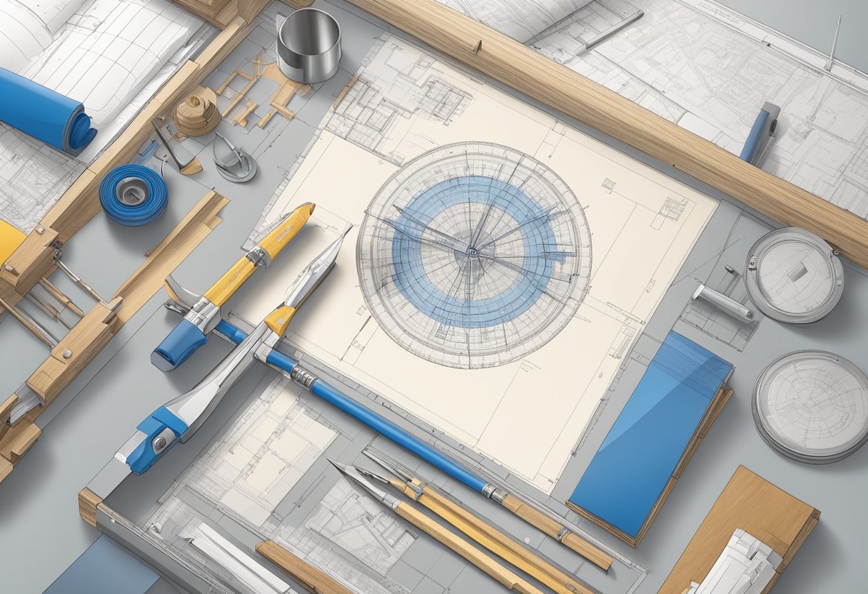 An architect's drafting table with intricate blueprints and technical drawing tools. The UK flag is subtly incorporated into the design