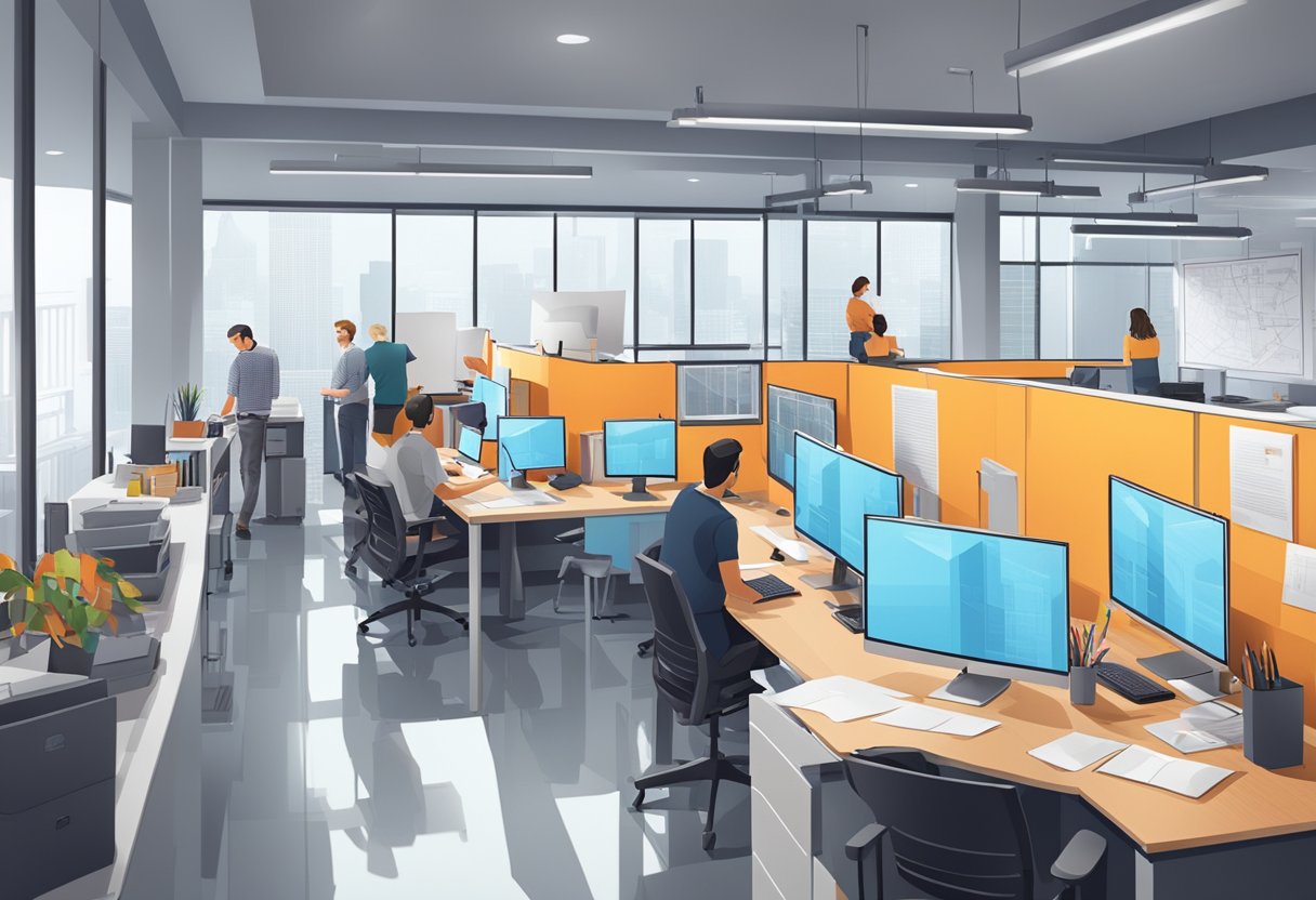 An architectural drafting firm's office with a busy team working on various projects, surrounded by computers, drafting tables, and architectural drawings