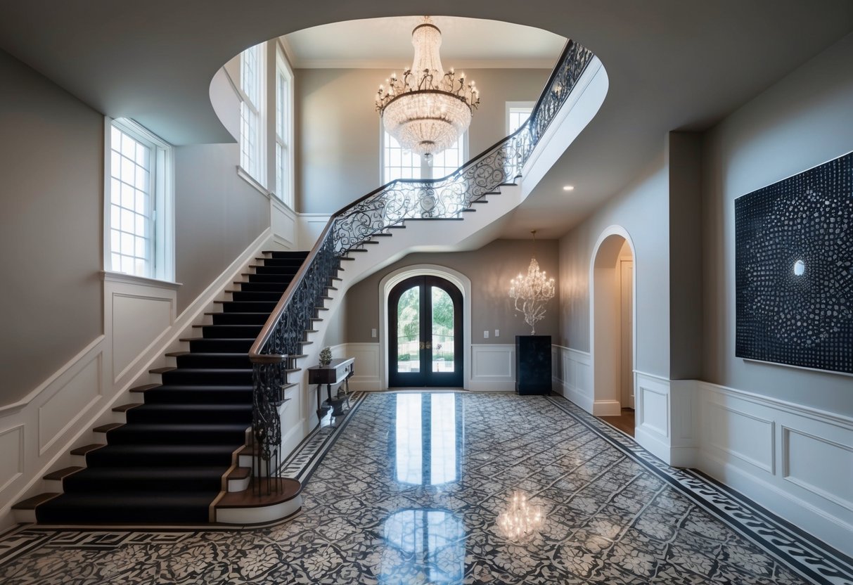 A grand entryway with a sweeping staircase, ornate chandelier, and intricate tile flooring. Tall windows let in natural light, and a statement piece of artwork adorns the wall