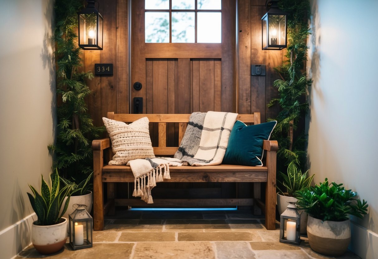 A rustic wooden bench sits in a cozy entryway, adorned with warm blankets and surrounded by potted plants and hanging lanterns