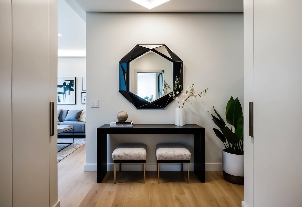 A modern entryway with a geometric mirror as the focal point, surrounded by sleek furniture and minimal decor