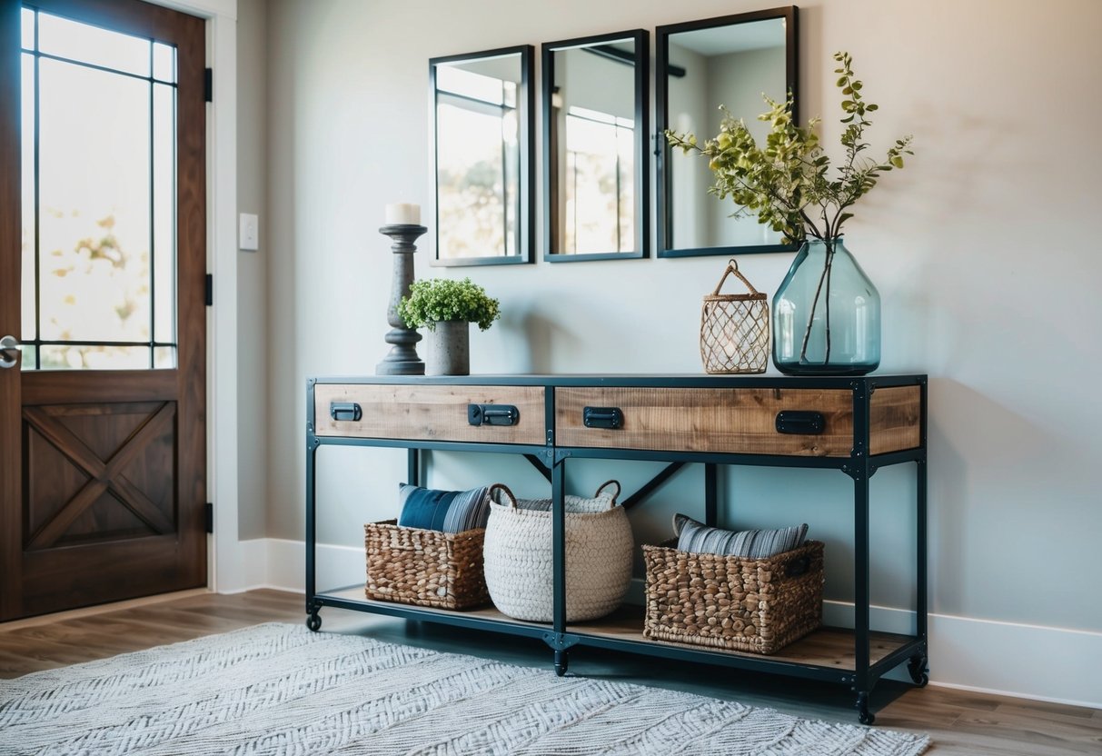 An industrial console table with various decor items in a modern entryway setting