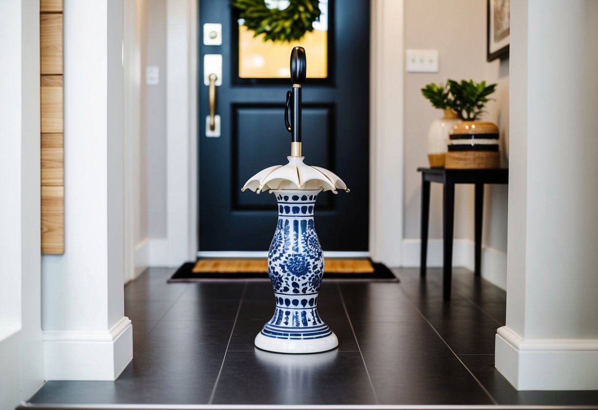 A ceramic umbrella stand sits in a stylish entryway, surrounded by modern decor and natural light