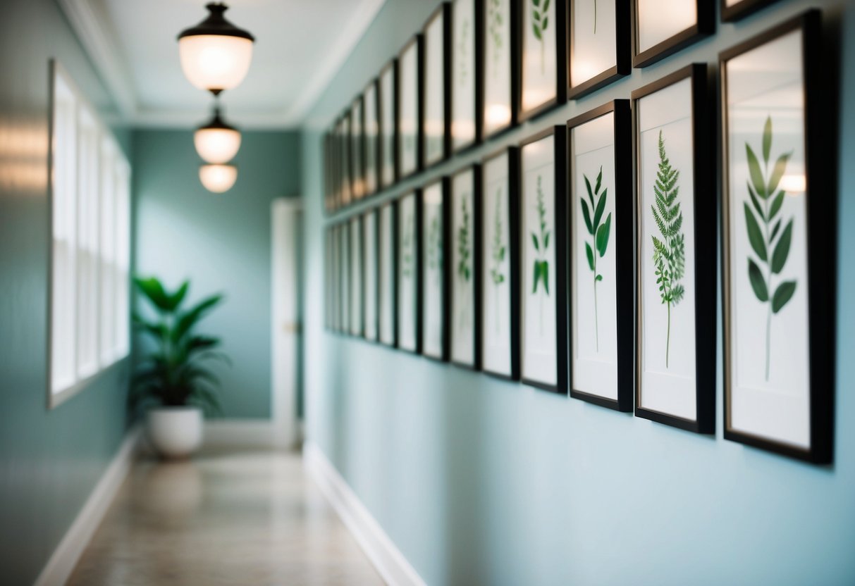 A hallway with a row of framed botanical prints hanging on the wall, creating a serene and natural ambiance