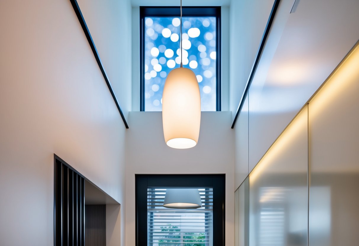 A modern pendant light hangs above a sleek entryway with minimalist decor and clean lines