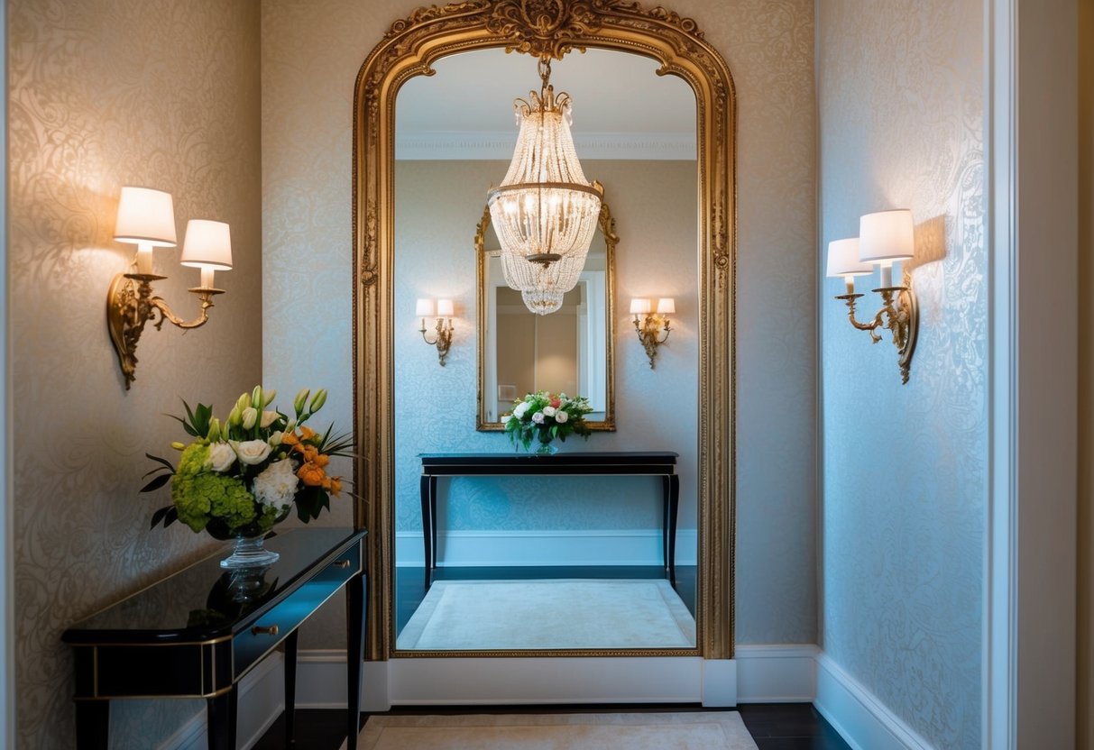 An ornate mirror reflects a grand entryway with textured wallpaper, a vintage chandelier, and a sleek console table adorned with fresh flowers