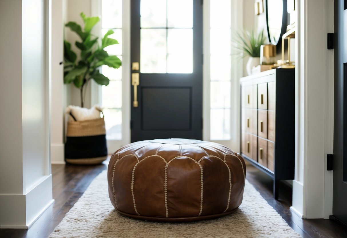 A cozy leather pouf sits in a stylish entryway, surrounded by modern decor and natural light