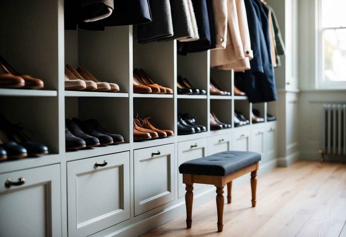 A row of built-in shelves filled with neatly arranged shoes, with hooks for hanging coats above. A small bench sits below for putting on and taking off shoes